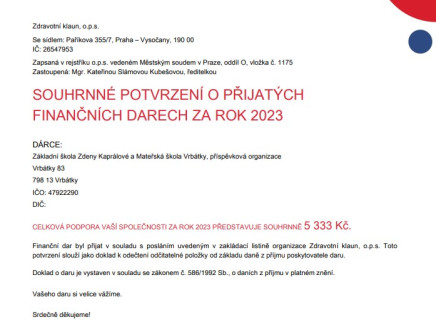 Zdravotní klaun - potvrzení o daru 2023